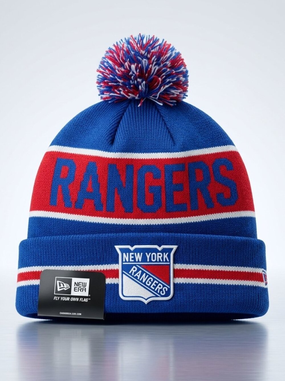 New York Rangers NHL Striped Cuffed Pom Knit Beanie Hat